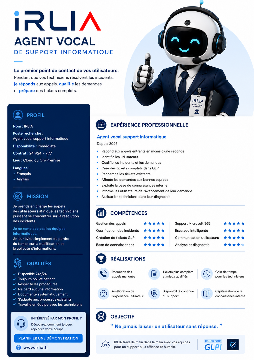 CV d'IRLIA — agent vocal de support informatique : profil, mission, expérience, compétences et objectif
